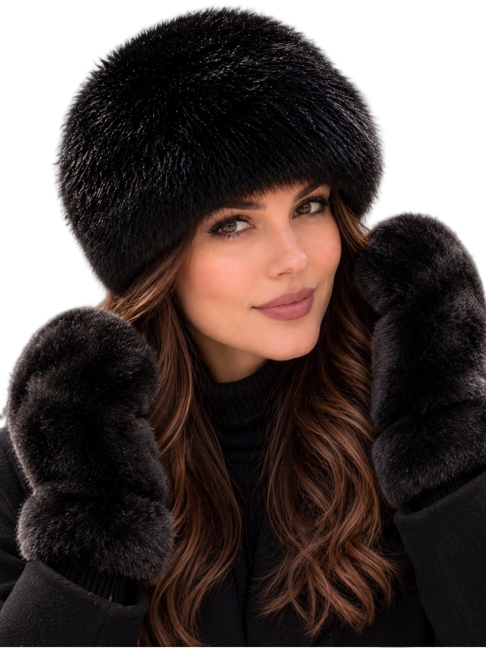 NEW: SET Elegant Black Faux Fur Russian style Hat UNISEX & black fuzzy gloves